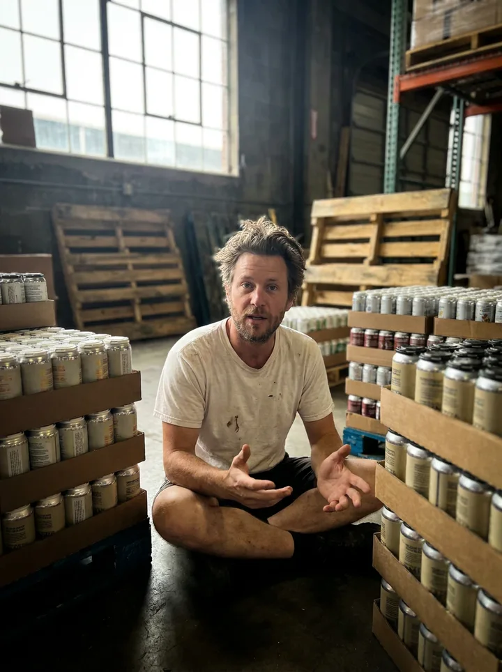 A founder sitting on a warehouse floor between stacked cases of cans, talking to camera
