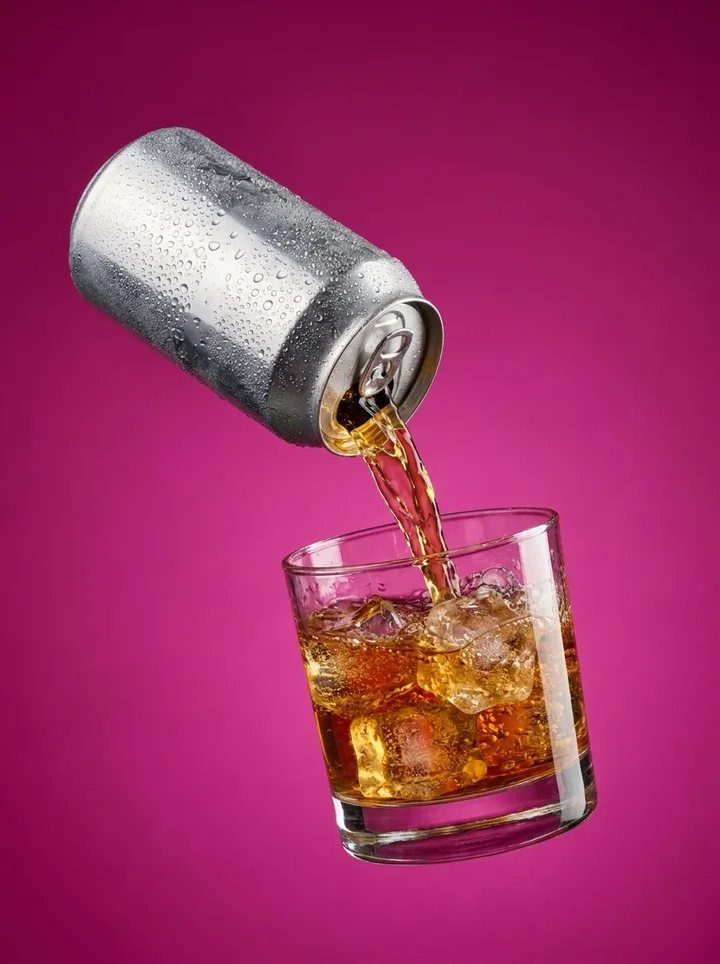 A can pouring into a glass of ice against a magenta backdrop