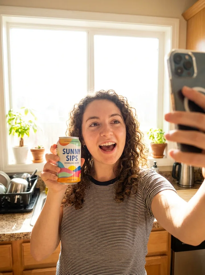 A woman filming herself in a bright kitchen, holding a can up to her phone
