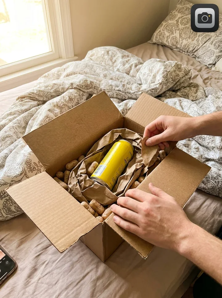 Hands opening a shipping box on a bed with a yellow can inside